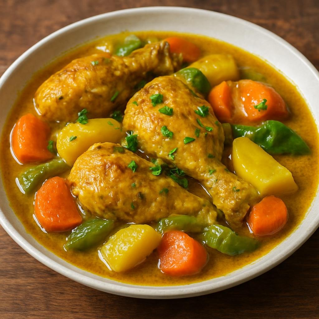 Entree: French Guiana – National Cuisine – Colombo de Poulet (Chicken stewed in a Creole Colombo curry sauce with Caribbean spices and vegetables) recipe