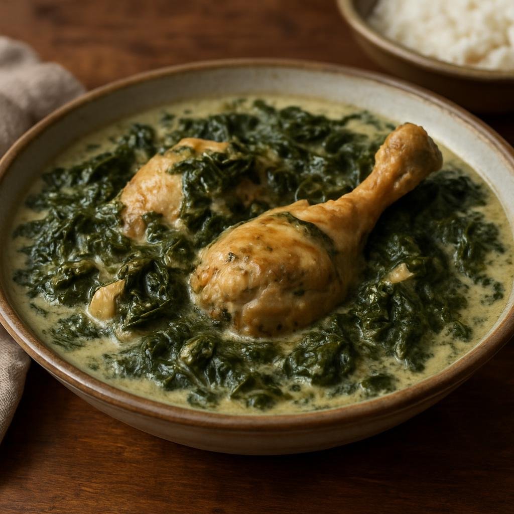 Entree: French Polynesia – National Cuisine – Poulet Fafa (Chicken stewed with taro leaves and coconut milk in traditional Polynesian style) recipe