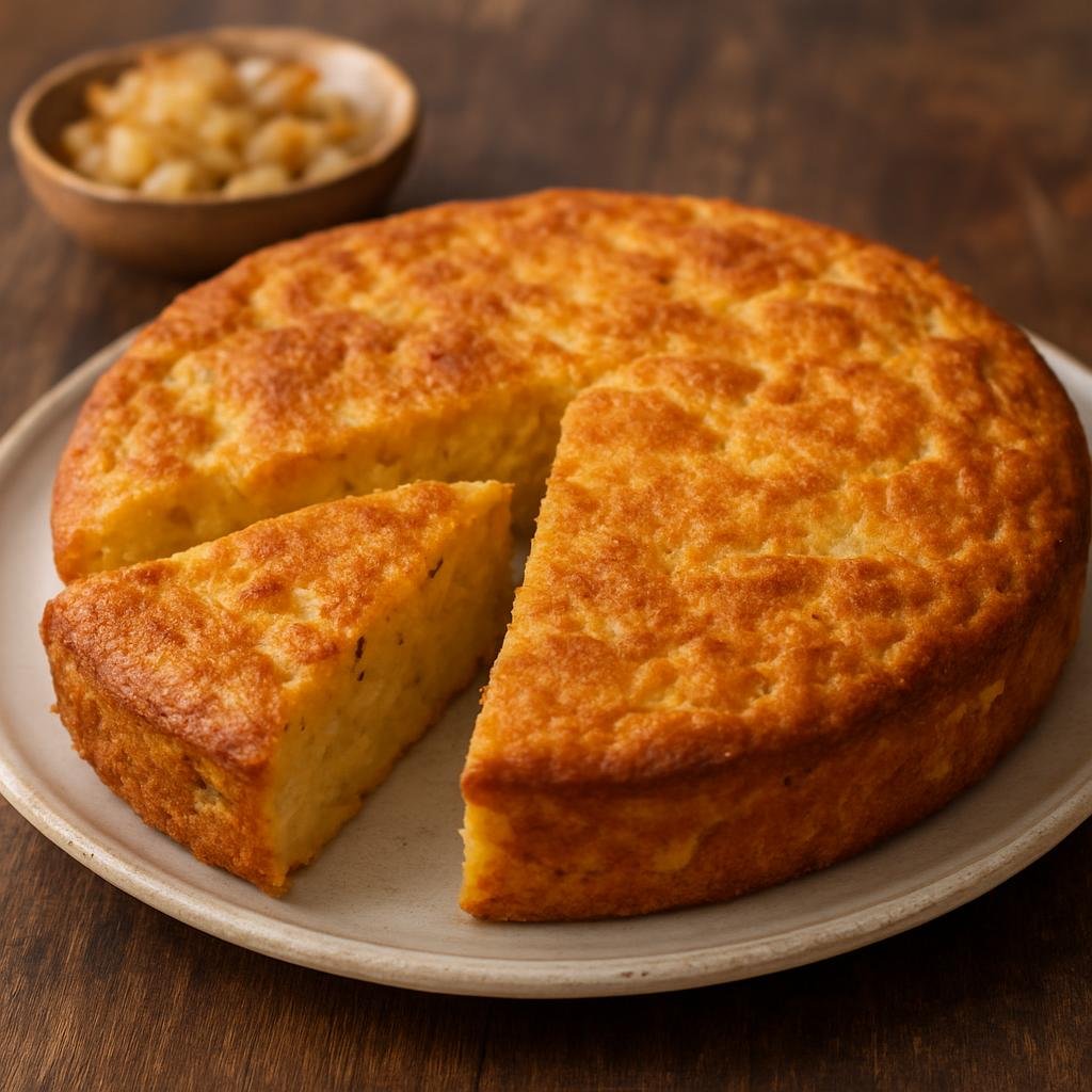 Entree: Paraguay – Southern Culinary Region – Sopa Paraguaya (Dense Paraguayan baked cornbread made with cornmeal, cheese, eggs and sautéed onions) recipe