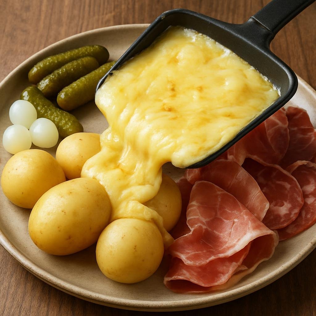 Entree: Switzerland – French Swiss – Raclette (Melted semi-hard cheese scraped over boiled potatoes and served with pickles and cured meats) recipe