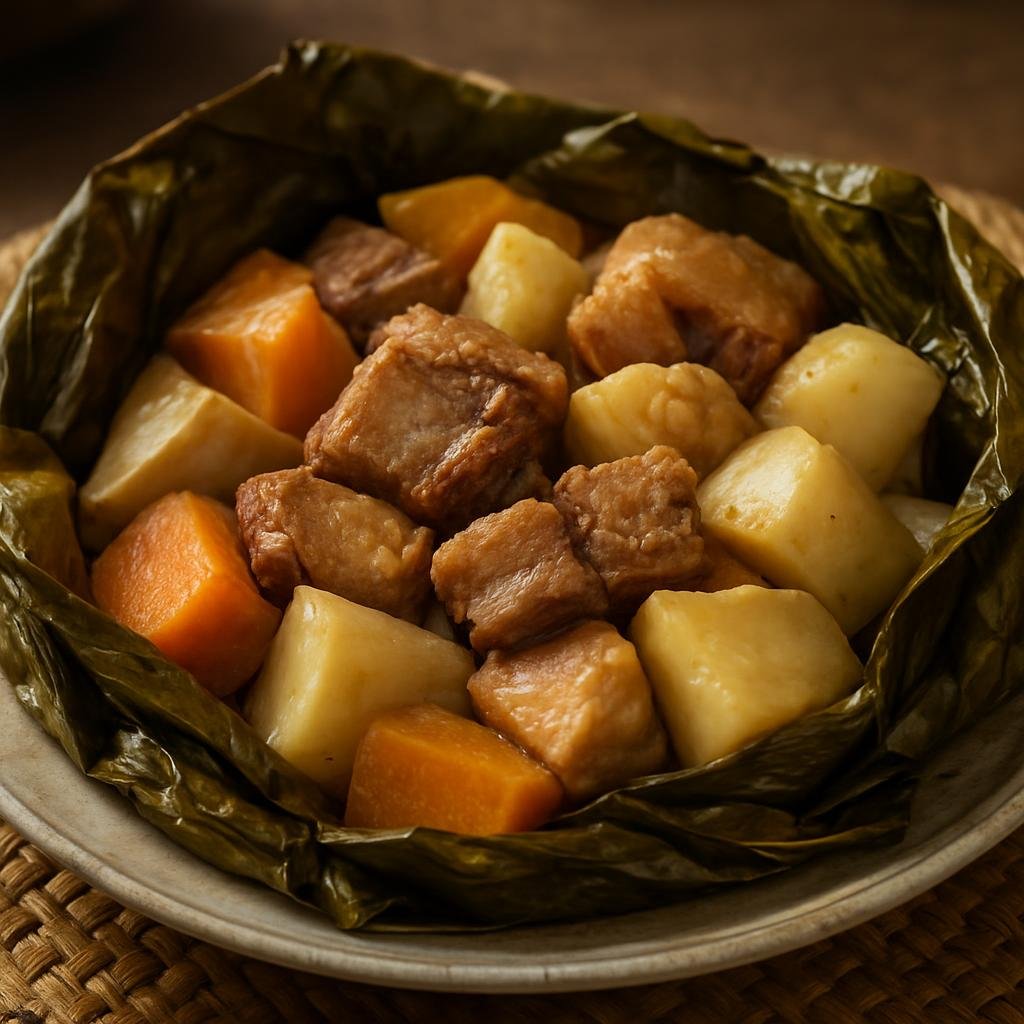Entree: Papua New Guinea – Southern Culinary Region – Mumu (Traditional Papua New Guinean earth-oven meal of pork and root vegetables steamed in banana leaves) recipe