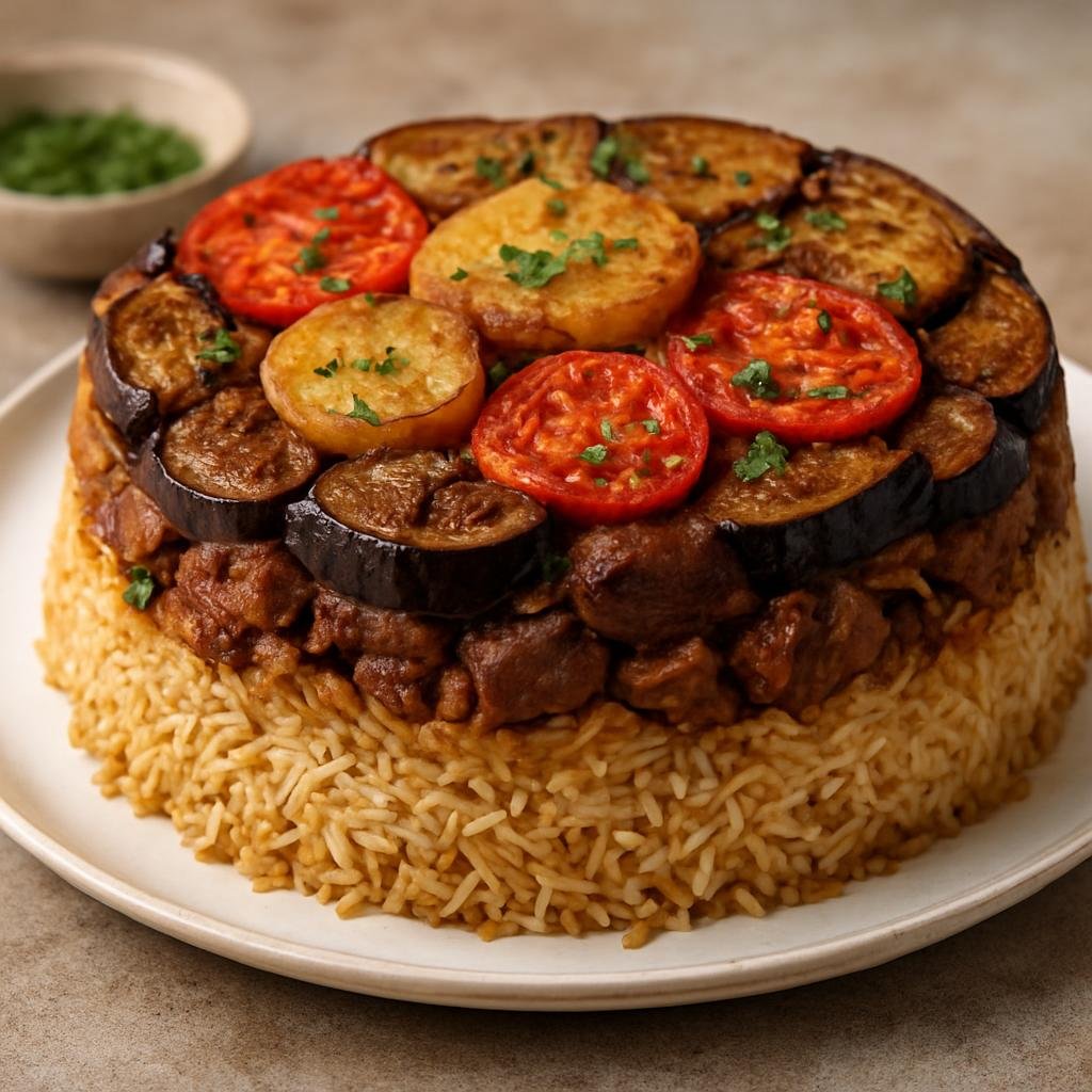 Entree: Palestine – Southern Culinary Region – مقلوبة ➤ Maqluba (Upside-down layered rice, meat, and vegetable casserole) recipe
