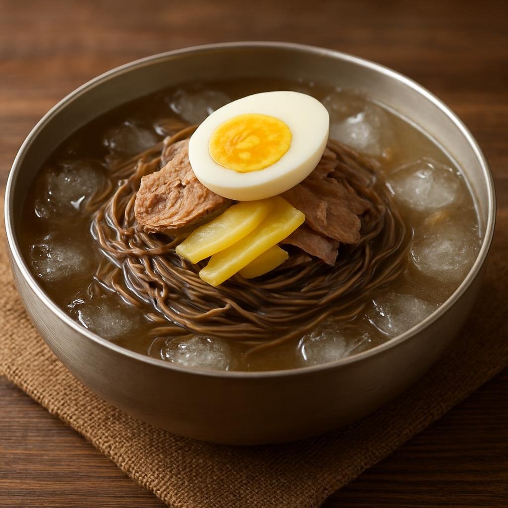 Entree: North Korea – North Korean Mountain Cuisine – 평양냉면 ➤ Pyeongyang naengmyeon (Chilled buckwheat noodles served in an icy, savory beef broth with pickled radish and sliced beef) recipe