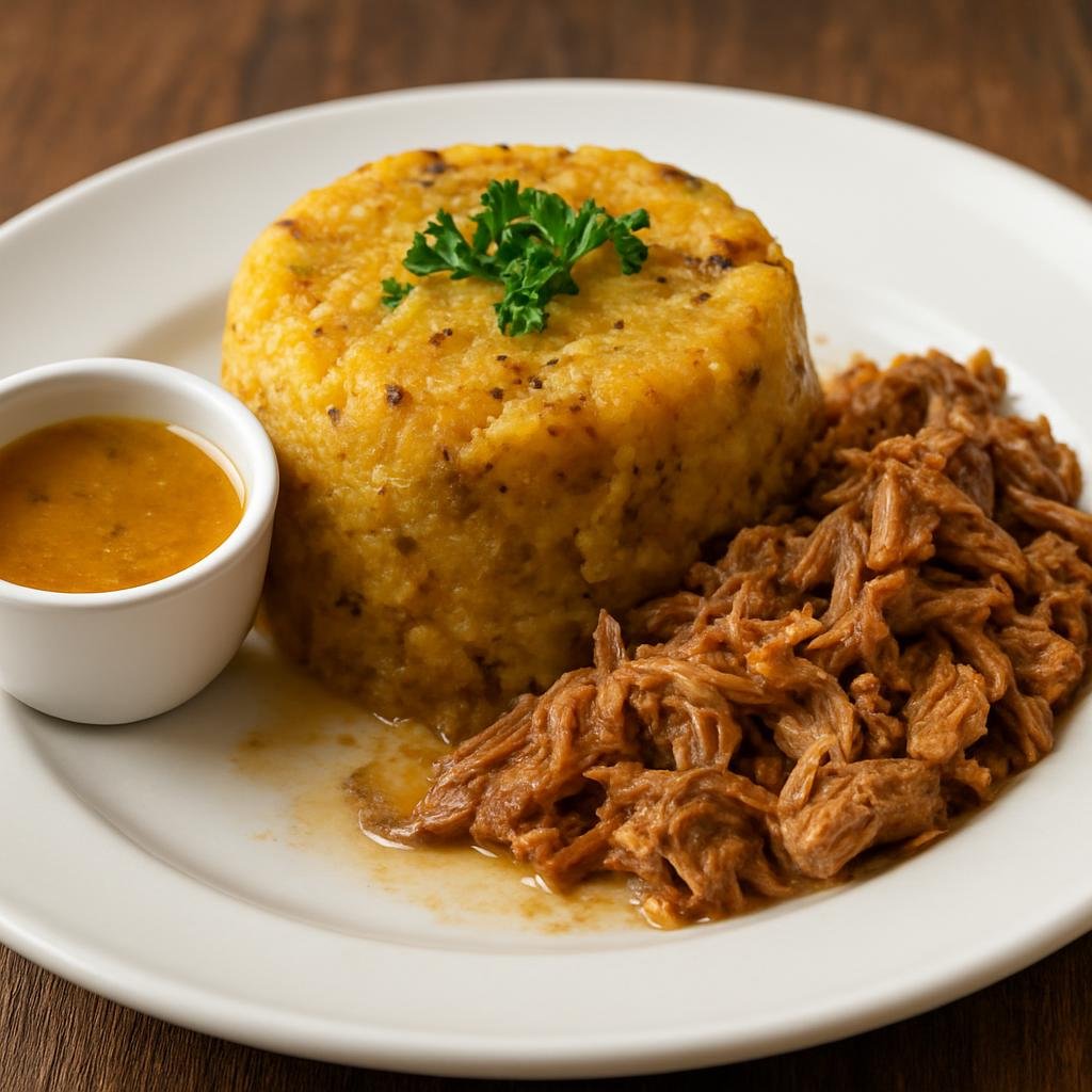 Entree: Puerto Rico – Northern Culinary Region – Mofongo (Mashed fried green plantains blended with garlic and pork cracklings, typically shaped and served with a savory protein or broth) recipe