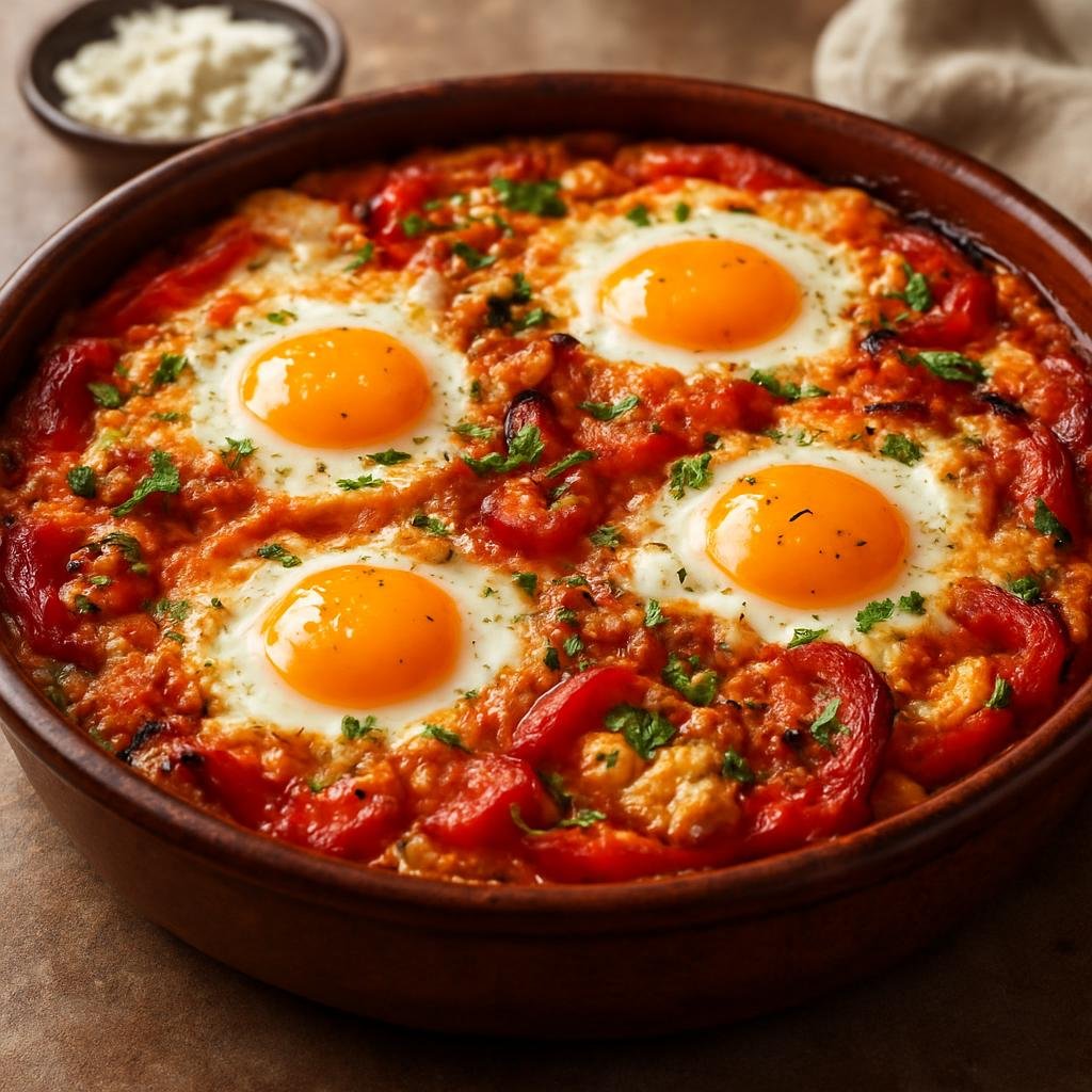 Entree: Albania – Central Culinary Region – Fërgesë Tirane (Baked pepper and tomato casserole with fresh curd cheese and eggs) recipe
