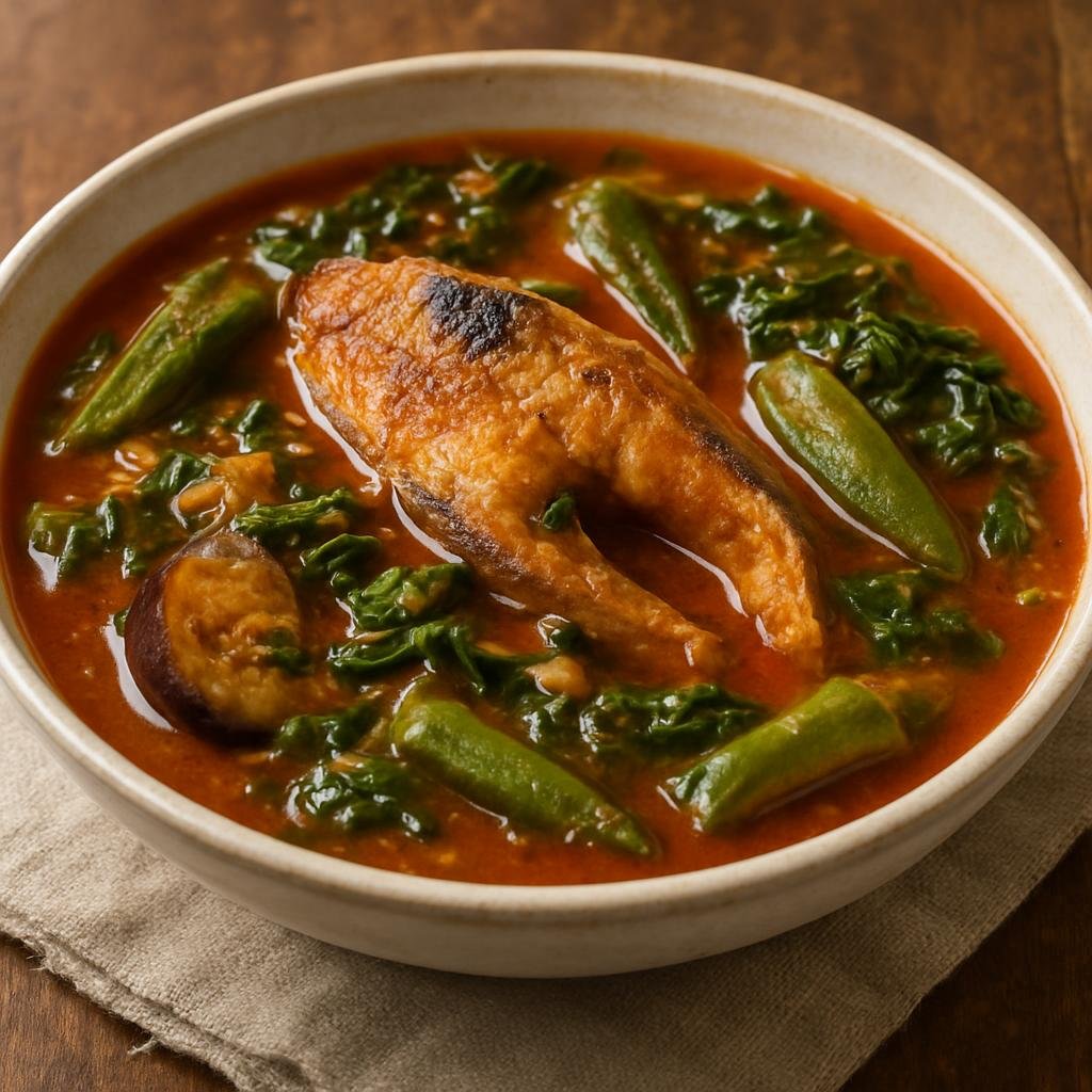 Entree: Angola – Central Culinary Region – Calulu (Angolan tomato- and palm-oil–based stew of fish or smoked fish with okra, eggplant, leafy greens, and aromatics) recipe