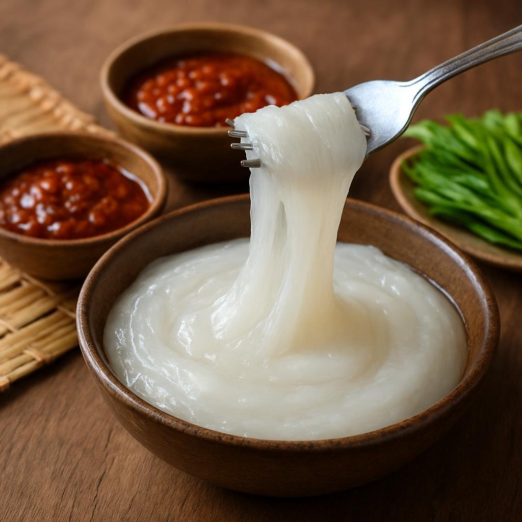 Entree: Brunei – Central Culinary Region – Ambuyat (Viscous neutral sago starch paste eaten by twirling on a fork and dipping into savory and spicy sauces) recipe