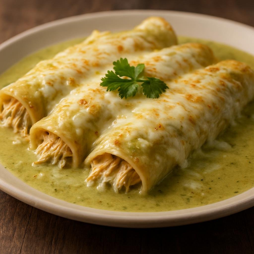 Entree: Mexico – Central Highlands – Enchiladas Suizas (Corn tortillas filled with shredded chicken and bathed in a creamy tomatillo-chile and cream sauce with melted cheese) recipe