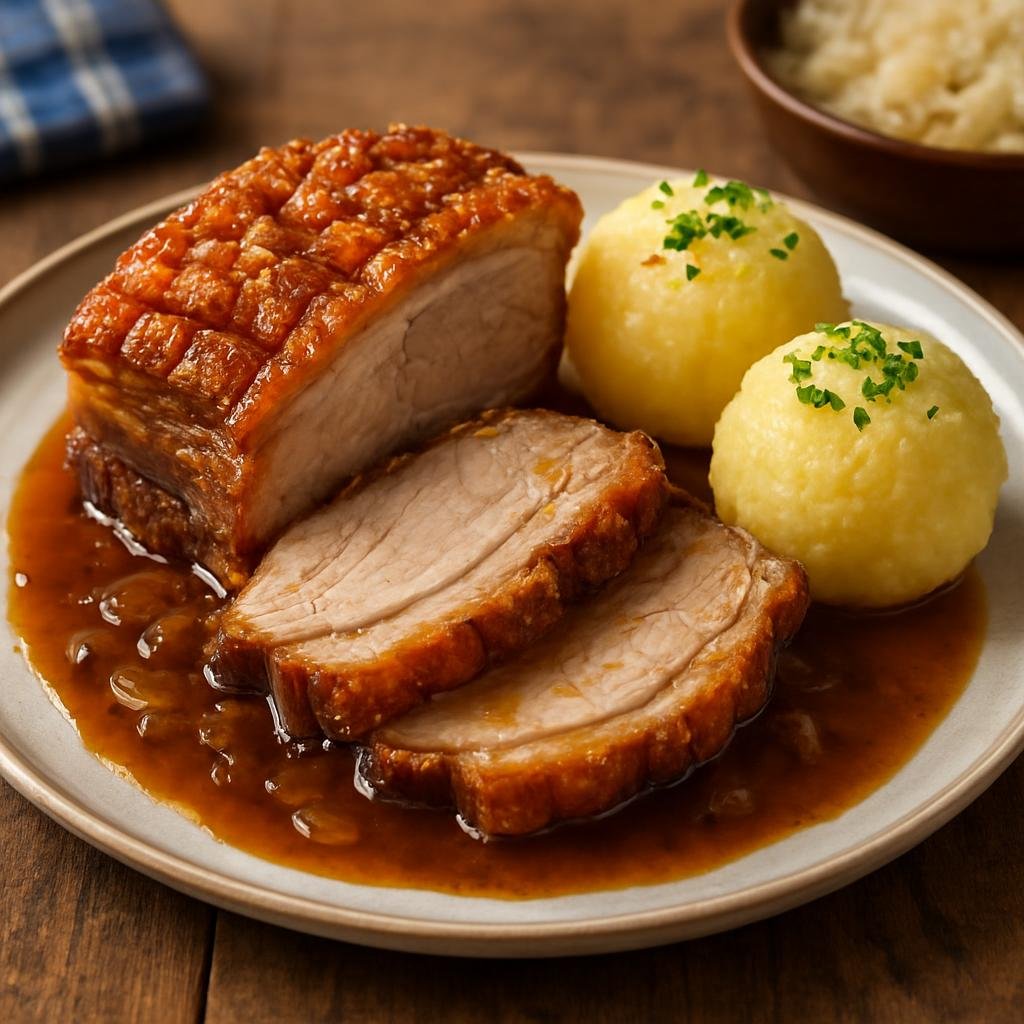 Entree: Germany – Bavaria – Schweinsbraten (Roast pork with crispy crackling and a savory beer-onion gravy, traditional in Bavaria) recipe