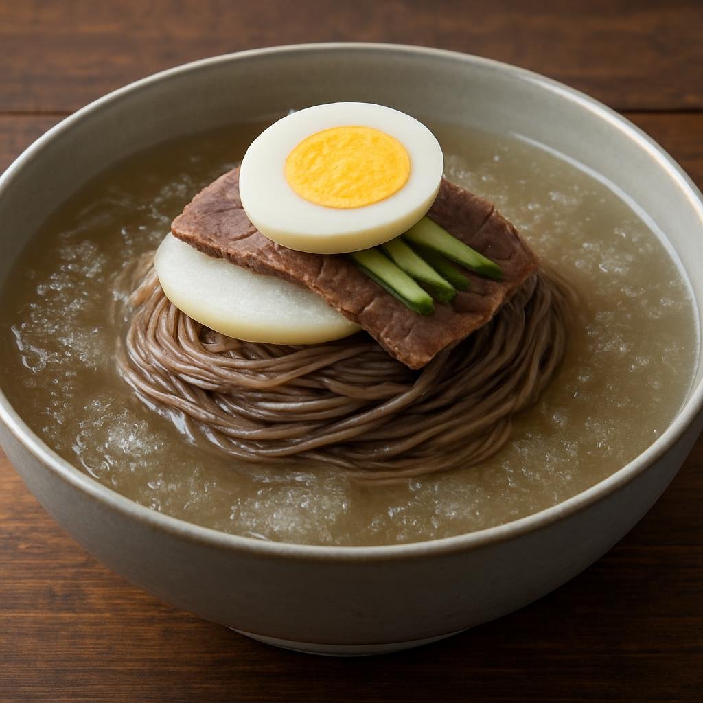 Entree: North Korea – Pyongyang – 평양냉면 ➤ Pyeongyang naengmyeon (Chilled buckwheat noodles served in an icy clear beef broth with sliced beef and Korean pear) recipe