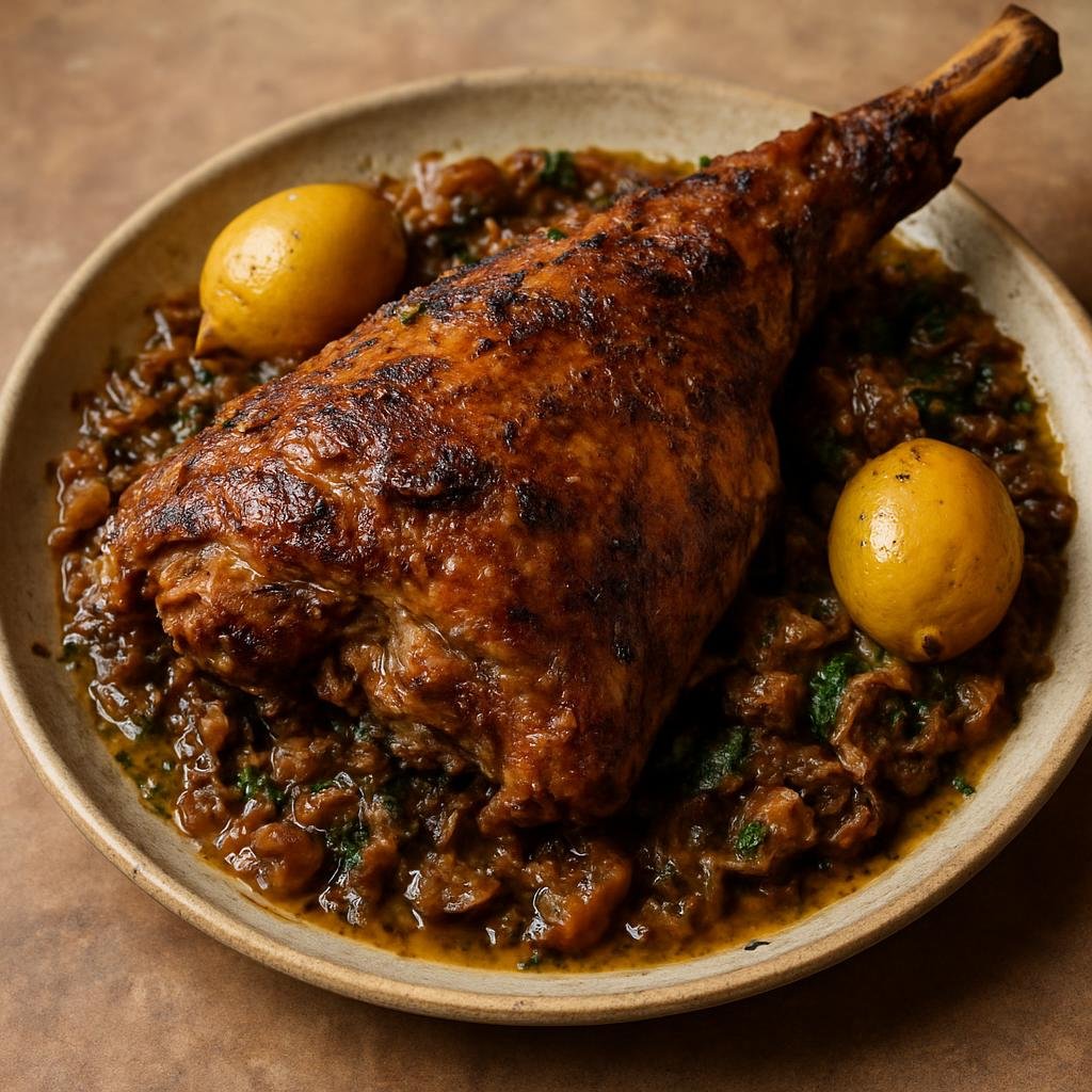 Entree: Morocco – Berber Cuisine – Mechoui (Slow-Roasted Lamb) (Whole or leg of lamb slow-roasted until tender with North African spices and preserved lemon) recipe