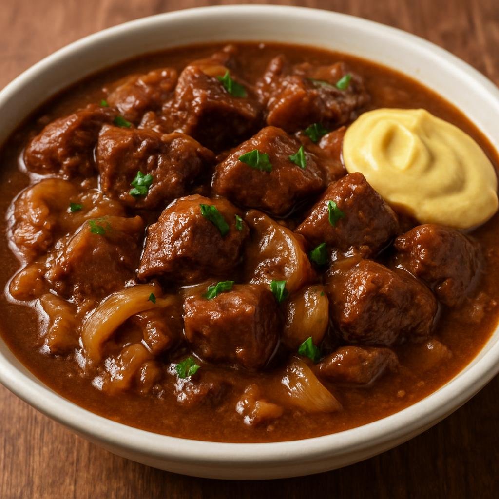Entree: Belgium – Brussels – Stoofvlees (Flemish slow-braised beef stew cooked in beer with onions and mustard) recipe