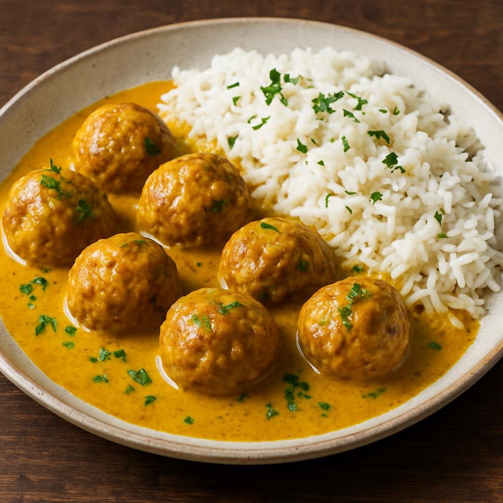Entree: Denmark – Central Culinary Region – Boller i karry (Danish meatballs in a mild curry sauce served with rice) recipe