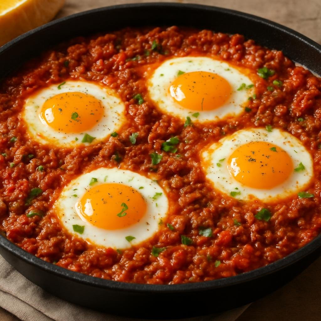 Entree: Iraq – Basra & South – مخلّمة ➤ Makhlama (Spiced Iraqi skillet of minced meat and tomatoes finished with eggs) recipe