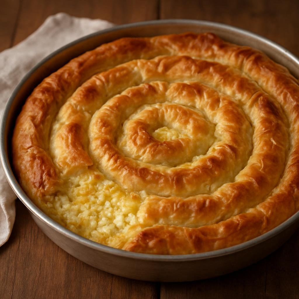 Entree: Bulgaria – National Cuisine – Баница ➤ Banitsa (Baked layered phyllo pastry filled with eggs and Bulgarian white brine cheese) recipe
