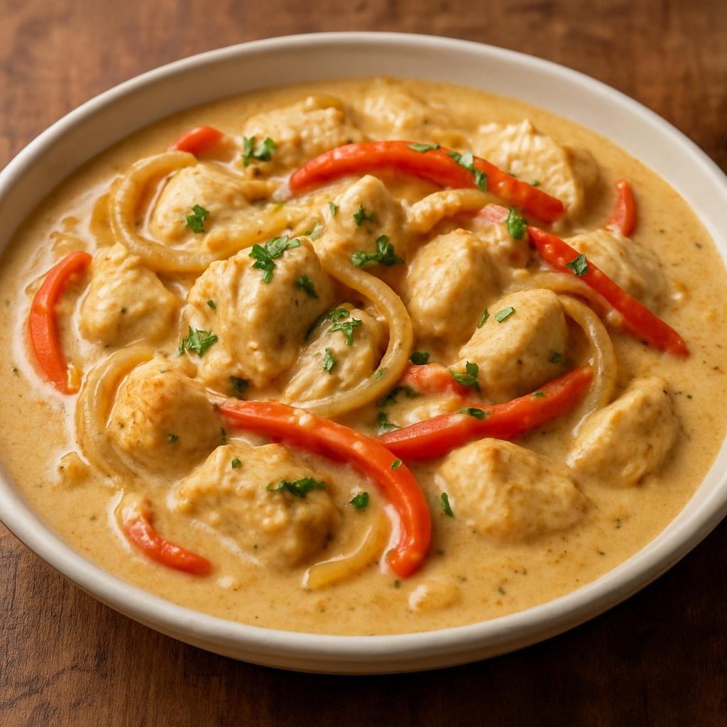Entree: El Salvador – National Cuisine – Pollo en Crema (Chicken simmered in a rich creamy sauce with onions and peppers) recipe