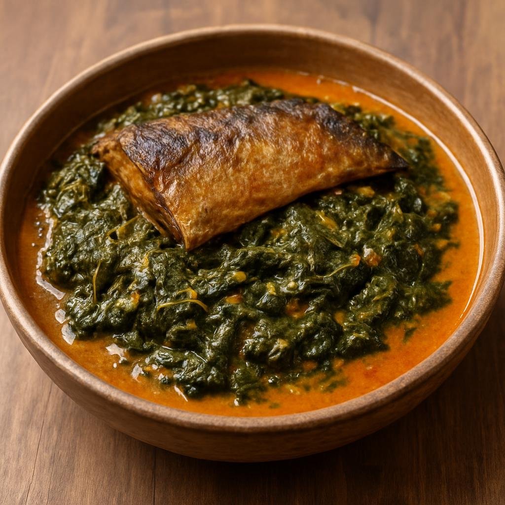 Entree: Equatorial Guinea – National Cuisine – Mbika na Nguba (Cassava leaf stew simmered in palm nut cream with smoked fish) recipe