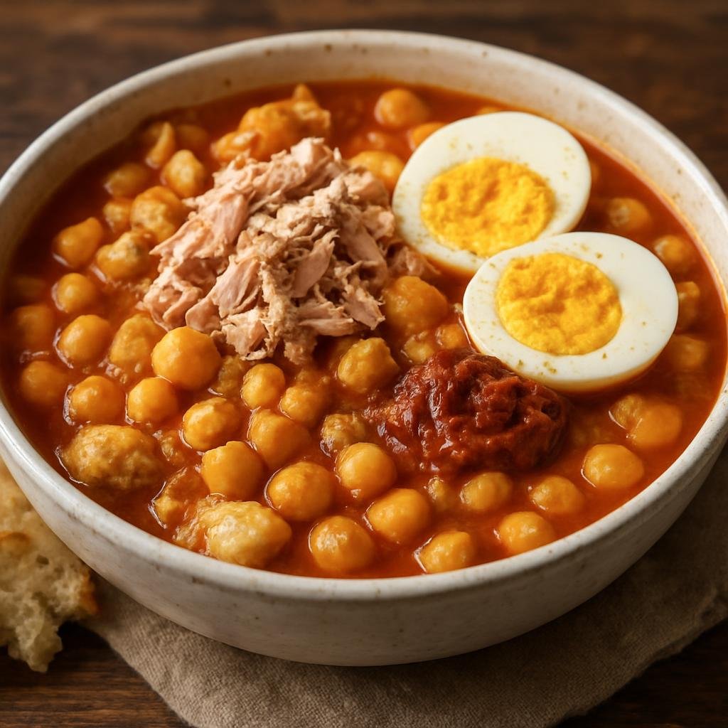 Entree: Tunisia – Sahel Coast – Lablabi (Hearty Tunisian chickpea stew seasoned with cumin and harissa, served over torn bread and topped with tuna and eggs) recipe
