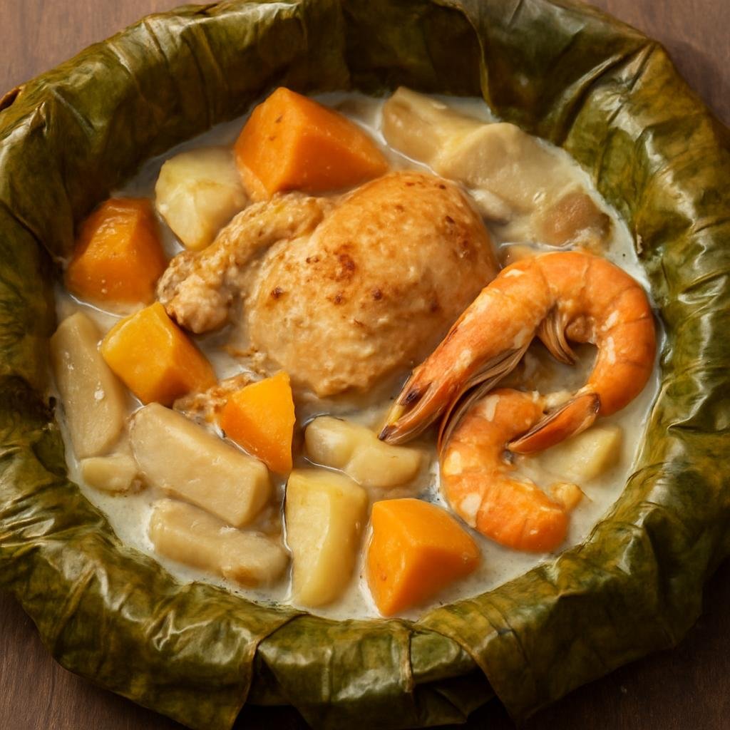 Entree: New Caledonia – Southern Culinary Region – Bougna (A traditional Kanak layered packet of chicken and seafood with root vegetables cooked in banana leaves and coconut milk) recipe
