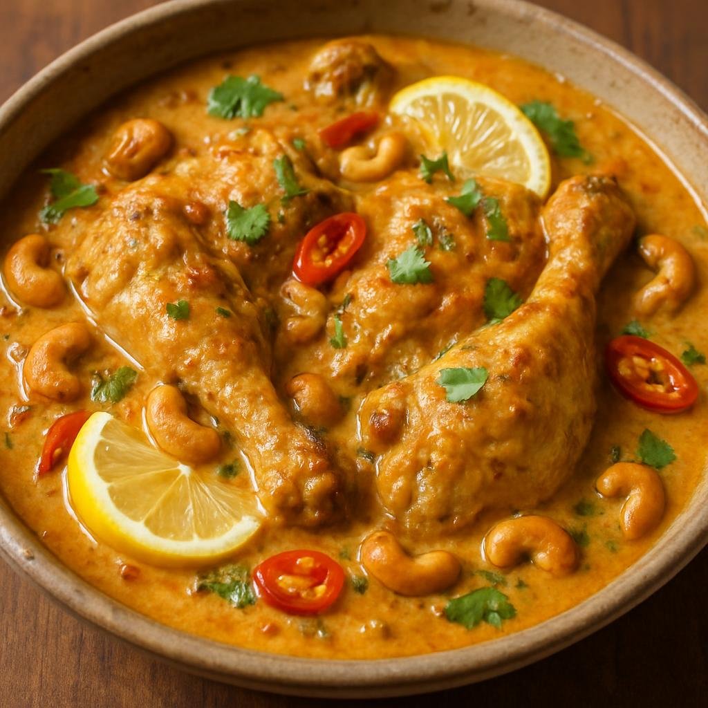 Entree: Mozambique – Southern Culinary Region – Galinha à Zambeziana (Mozambican braised chicken in a creamy coconut and cashew sauce with piri-piri and citrus) recipe