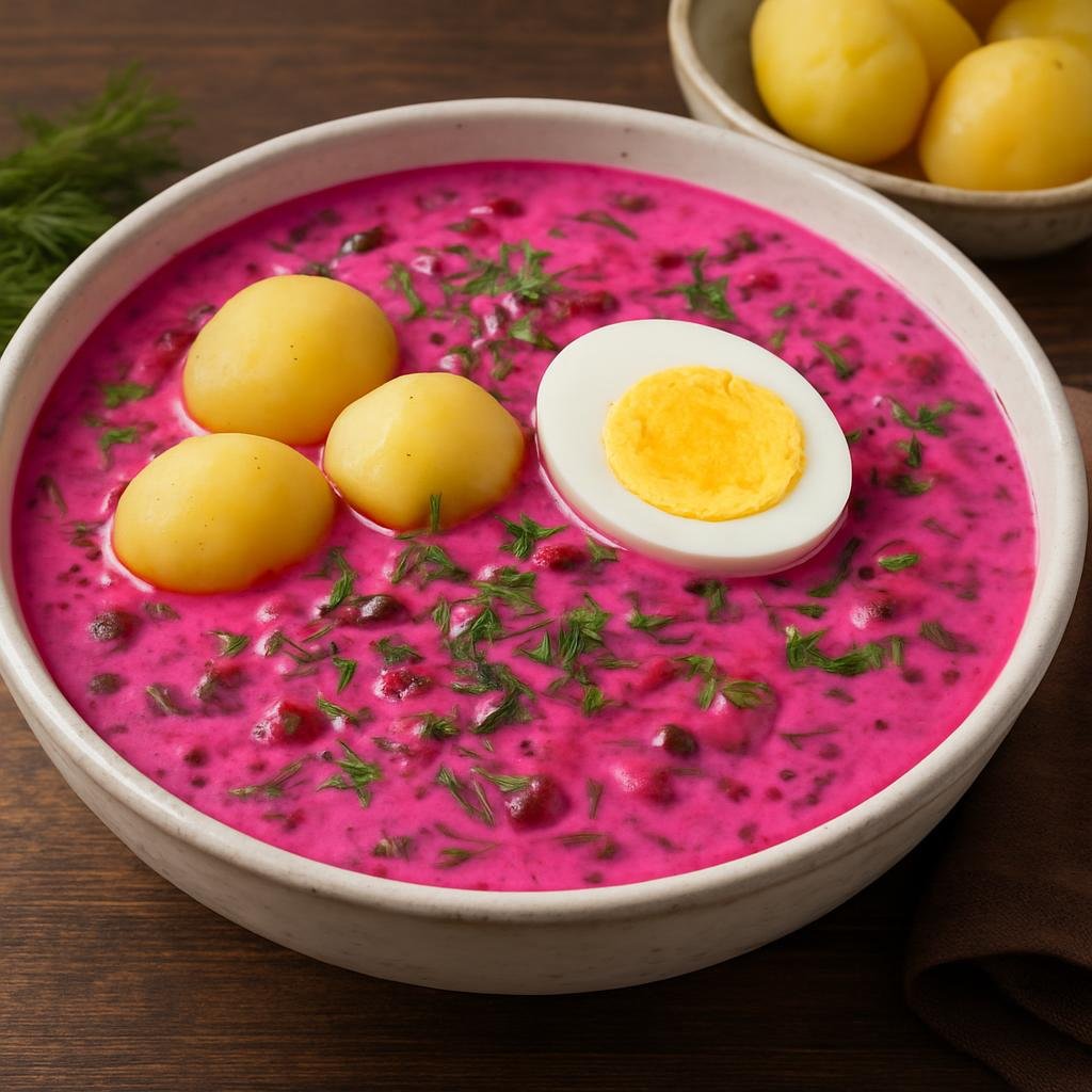 Entree: Lithuania – Northern Culinary Region – Šaltibarščiai (Chilled beetroot and kefir soup with fresh dill, often served with potatoes and eggs) recipe
