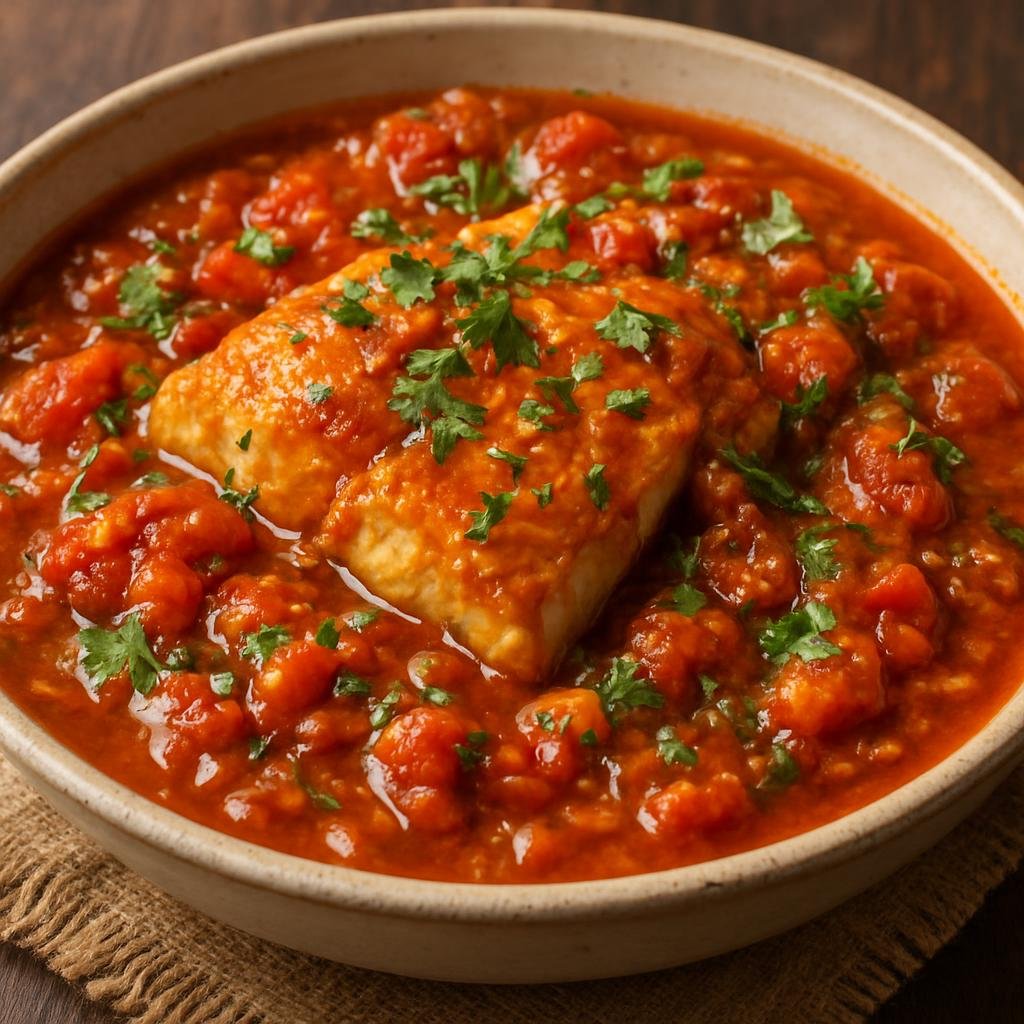 Entree: Mauritius – Northern Culinary Region – Rougaille Poisson (Mauritian Creole tomato-based fish stew with garlic, ginger, and fresh herbs) recipe