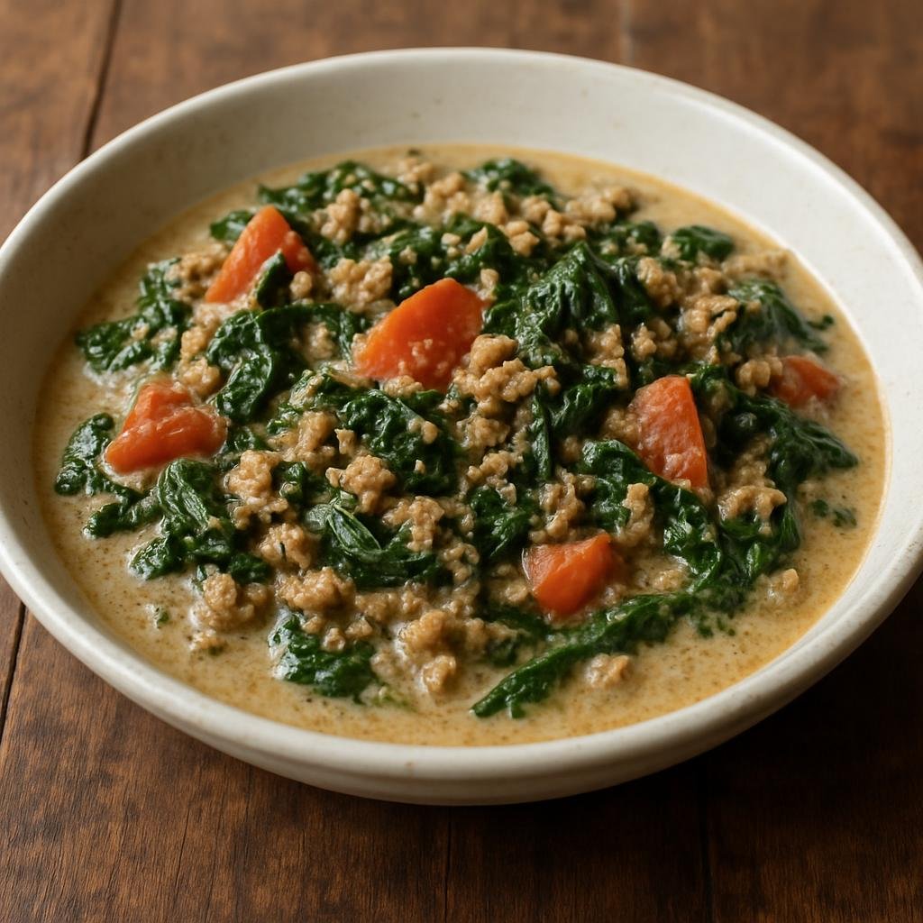 Entree: Micronesia – Southern Culinary Region – Tinaktak (Chamorro-style coconut milk stew of seasoned ground meat with greens and tomato) recipe