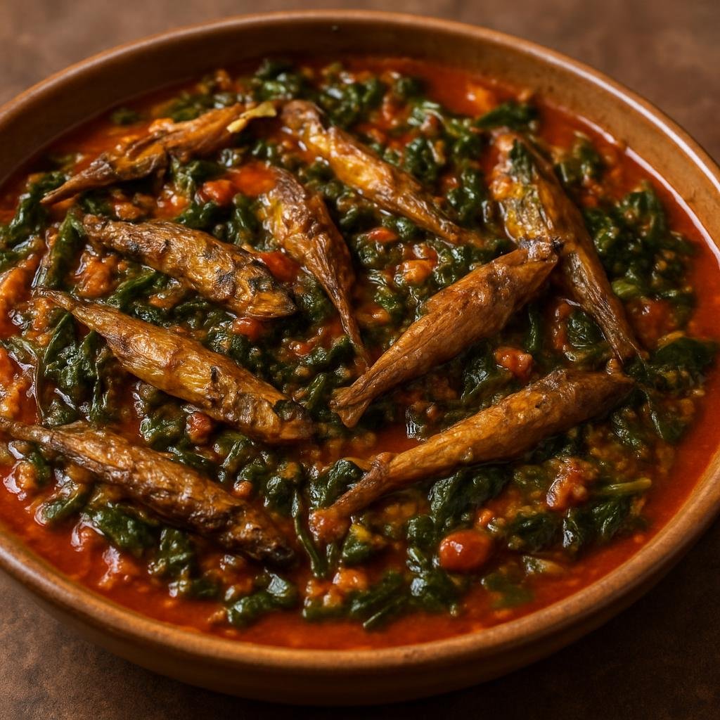 Entree: Republic of the Congo – Northern Culinary Region – Ndakala (Stew of small smoked dried fish simmered in palm oil with tomatoes and leafy greens) recipe