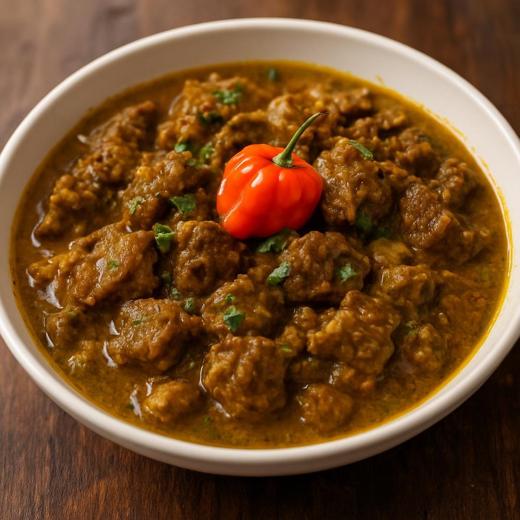 Entree: Cayman Islands – Central Culinary Region – Curry Goat (Slow-simmered Caribbean goat curry flavored with curry powder, Scotch bonnet, and island spices) recipe
