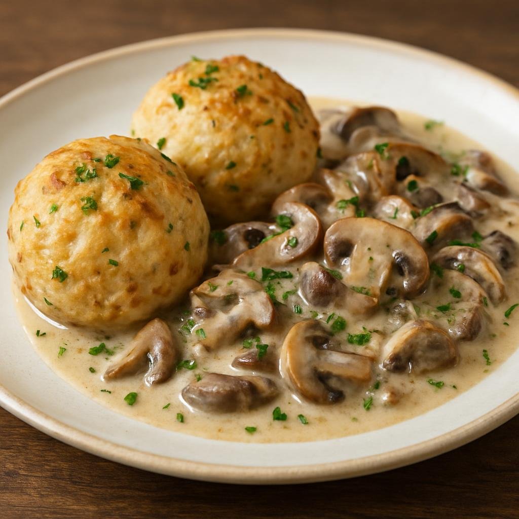 Entree: Germany – Bavaria – Knödel mit Pilzragout (Savory bread dumplings served with a creamy wild mushroom ragout) recipe