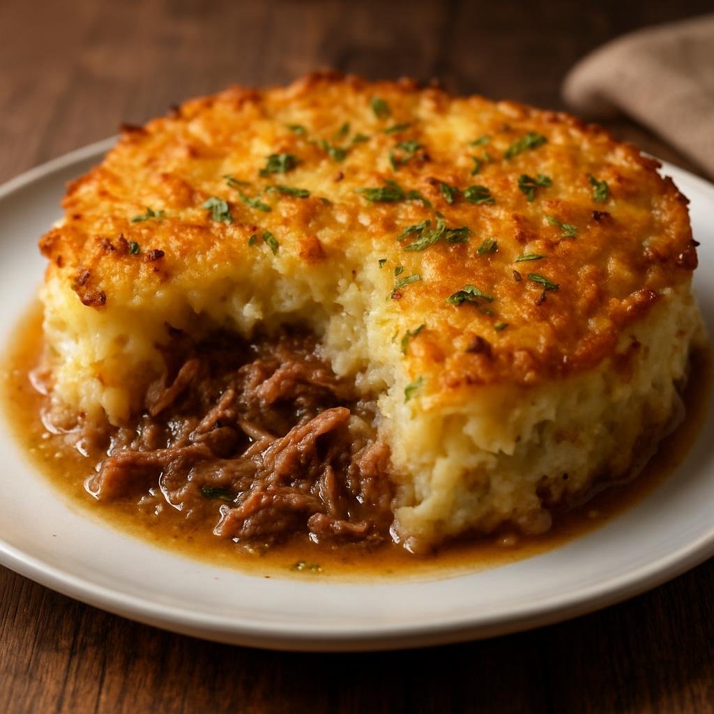 Entree: Canada – Atlantic Canada – Acadian Rappie Pie (Baked Acadian potato casserole made from grated and mashed potatoes combined with a savory meat broth and shredded meat) recipe