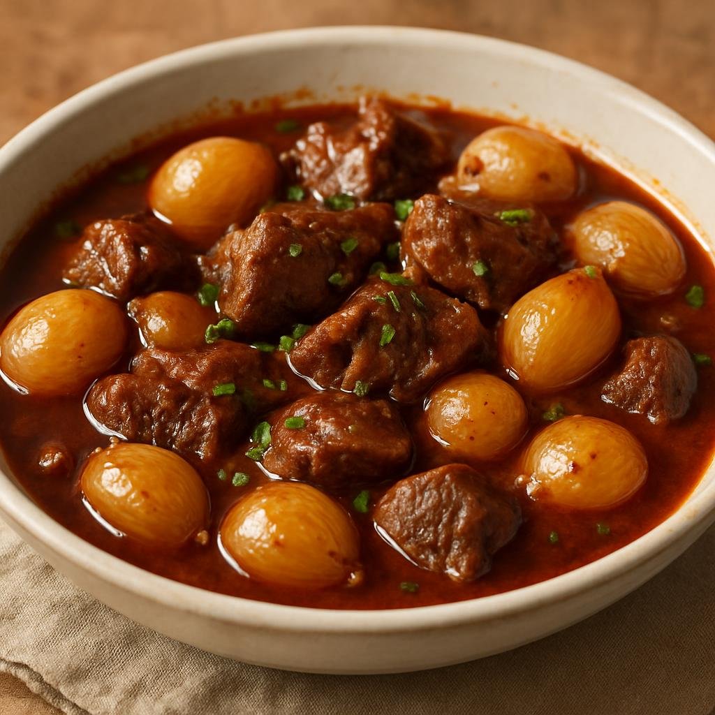 Entree: Greece – Athens & Attica – στιφάδο ➤ stifado (Slow-braised Greek beef stew with pearl onions, red wine, and warm spices) recipe