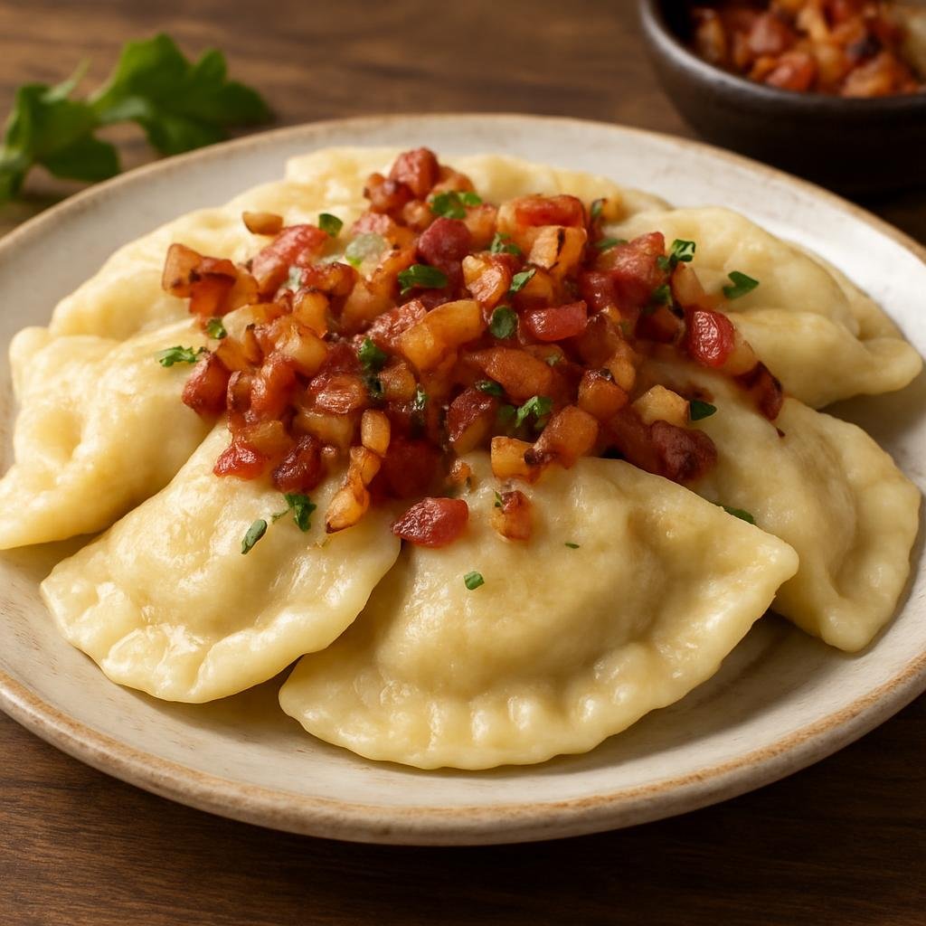Entree: Poland – Highland / Gorale – Pierogi z Bryndzą (Potato dumplings filled with tangy sheep's-milk bryndza cheese, often served with browned bacon and onions) recipe