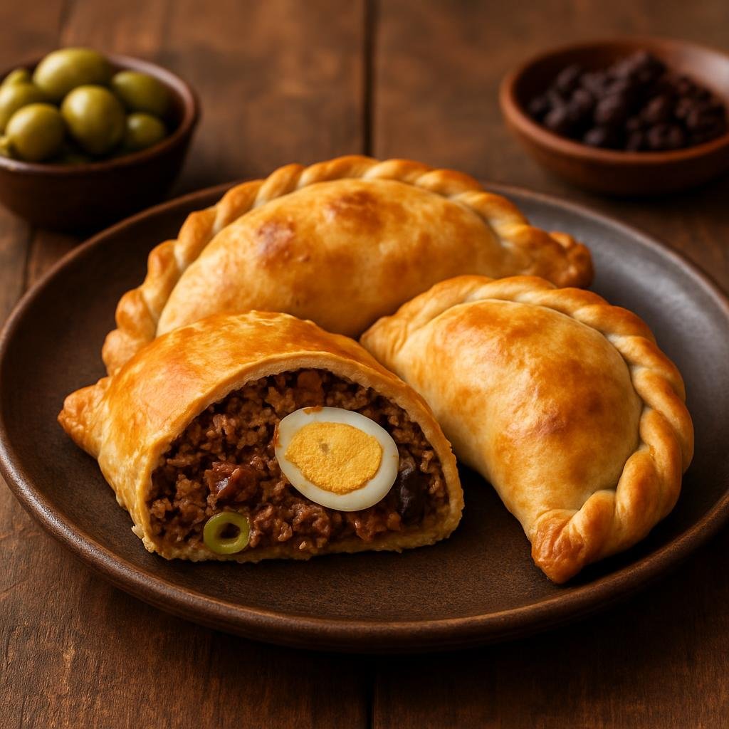 Entree: Chile – Central Culinary Region – Empanadas de Pino (Baked savory turnovers filled with seasoned ground beef, onions, olives, raisins, and hard-boiled egg typical of Chile) recipe