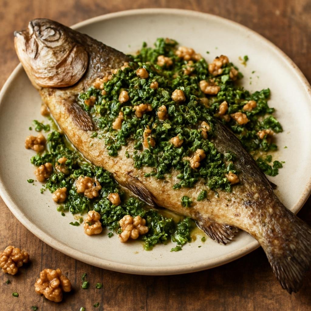 Entree: Armenia – Armenian Highlands – Իշխան ➤ Ishkhan (Whole mountain trout prepared simply and finished with Armenian walnut-herb seasoning) recipe