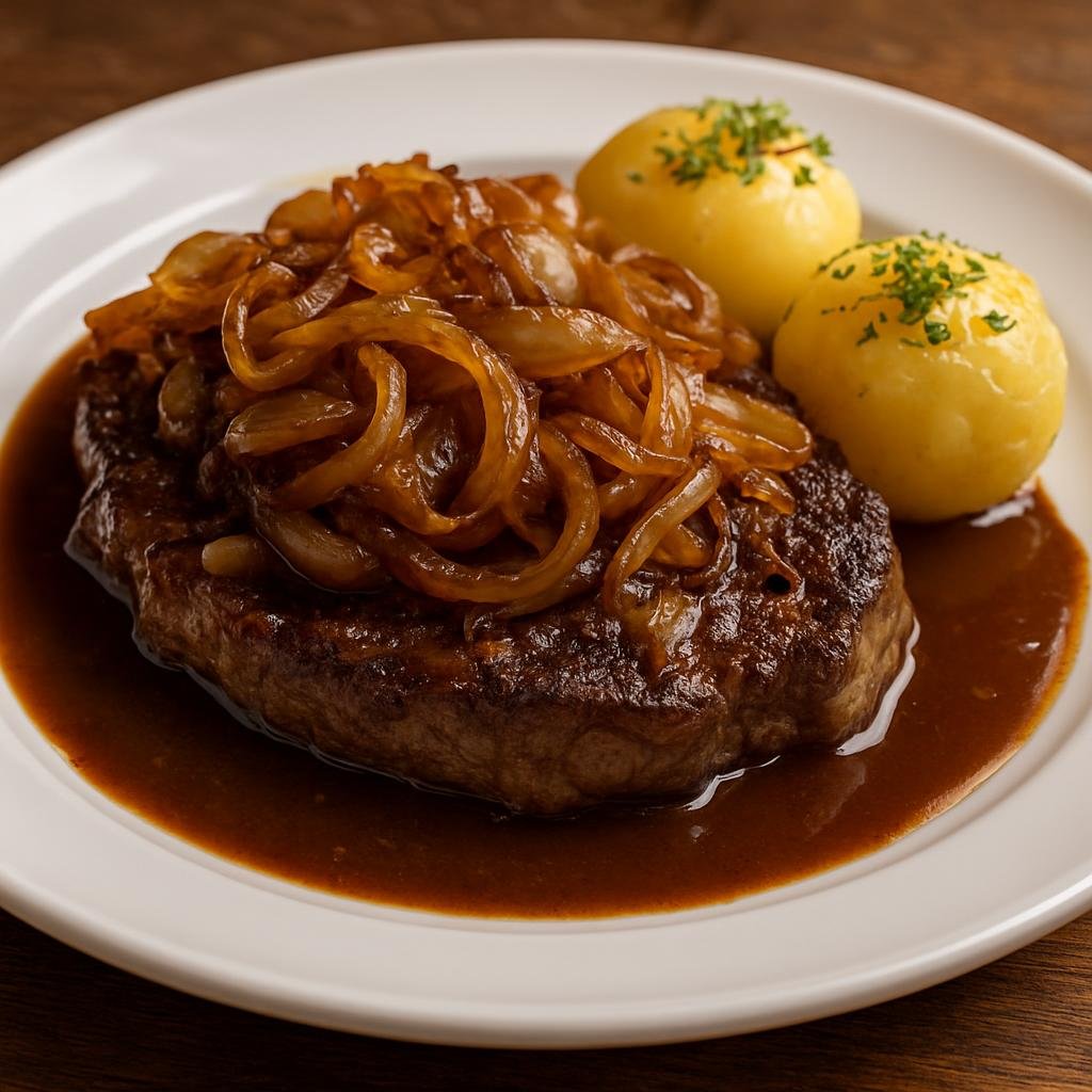 Entree: Austria – Salzburg & Alpine Austria – Zwiebelrostbraten (Pan-seared beef steak topped with caramelized onions and a rich brown gravy) recipe