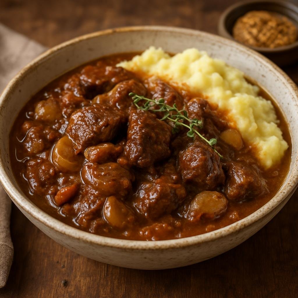 Entree: Belgium – Brussels – Carbonnade Flamande (Slow-braised Flemish beef and onion stew cooked in dark beer and flavored with thyme and mustard) recipe