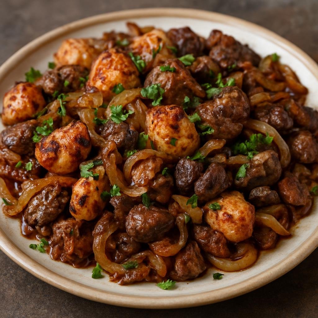 Entree: Israel – Israeli Street Food – מעורב ירושלמי ➤ Meurav Yerushalmi (Spiced mixed grilled and sautéed chicken offal and meat cooked with onions and Middle Eastern spices) recipe
