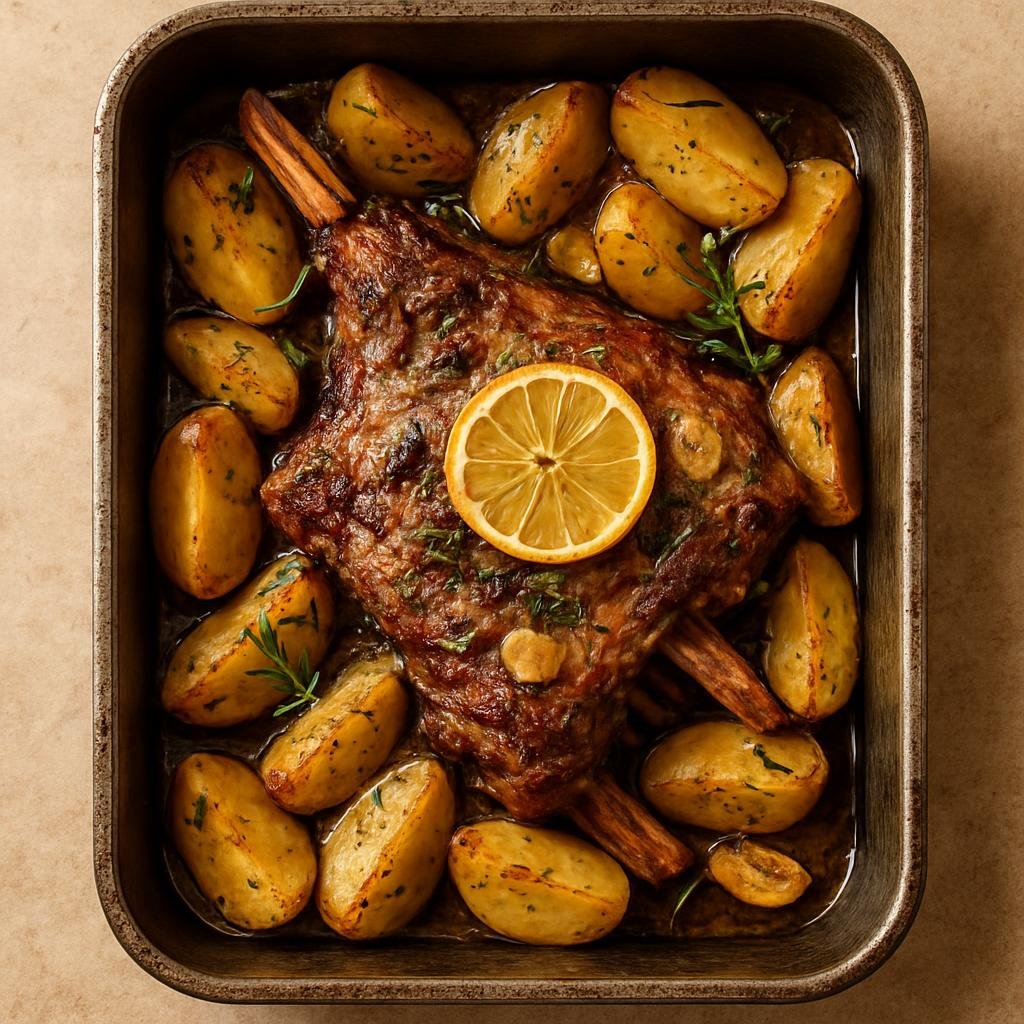 Entree: Romania – Dobrogea – Friptură de Miel la Tavă (Oven-roasted pan lamb with garlic, herbs, lemon and potatoes) recipe