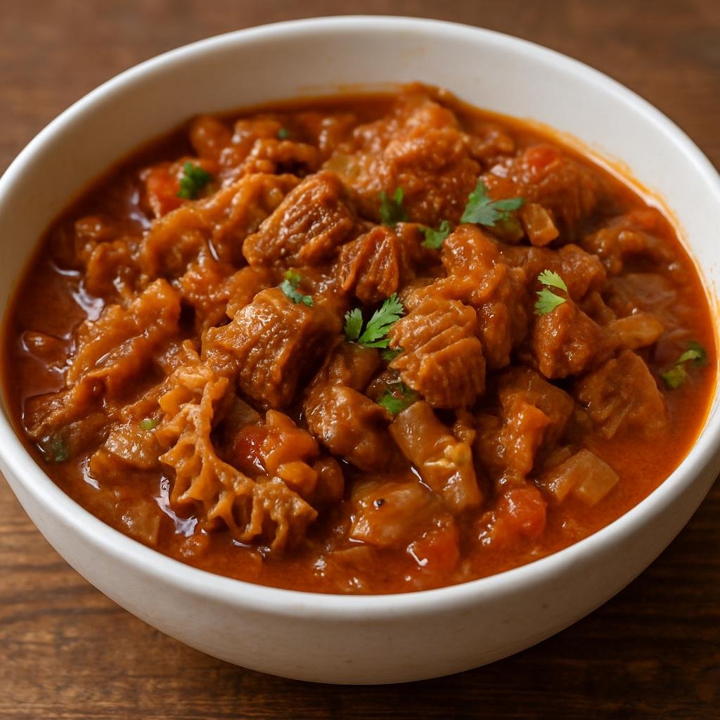 Entree: Botswana – National Cuisine – Serobe (Slow-simmered beef tripe stew braised with onions, tomatoes, and local seasonings) recipe