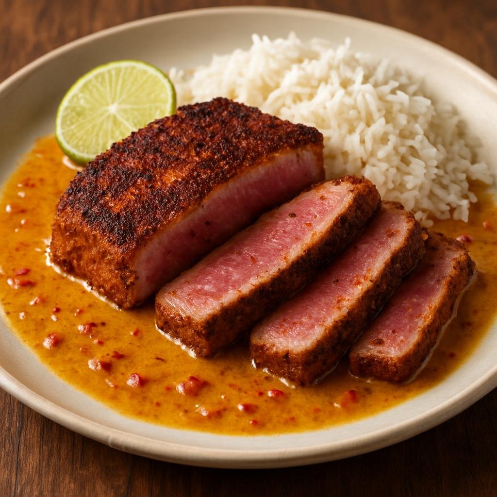 Entree: British Indian Ocean Territory – National Cuisine – Spicy Tuna Steak (Seared spice-rubbed tuna steak served with a tangy coconut-chile sauce) recipe