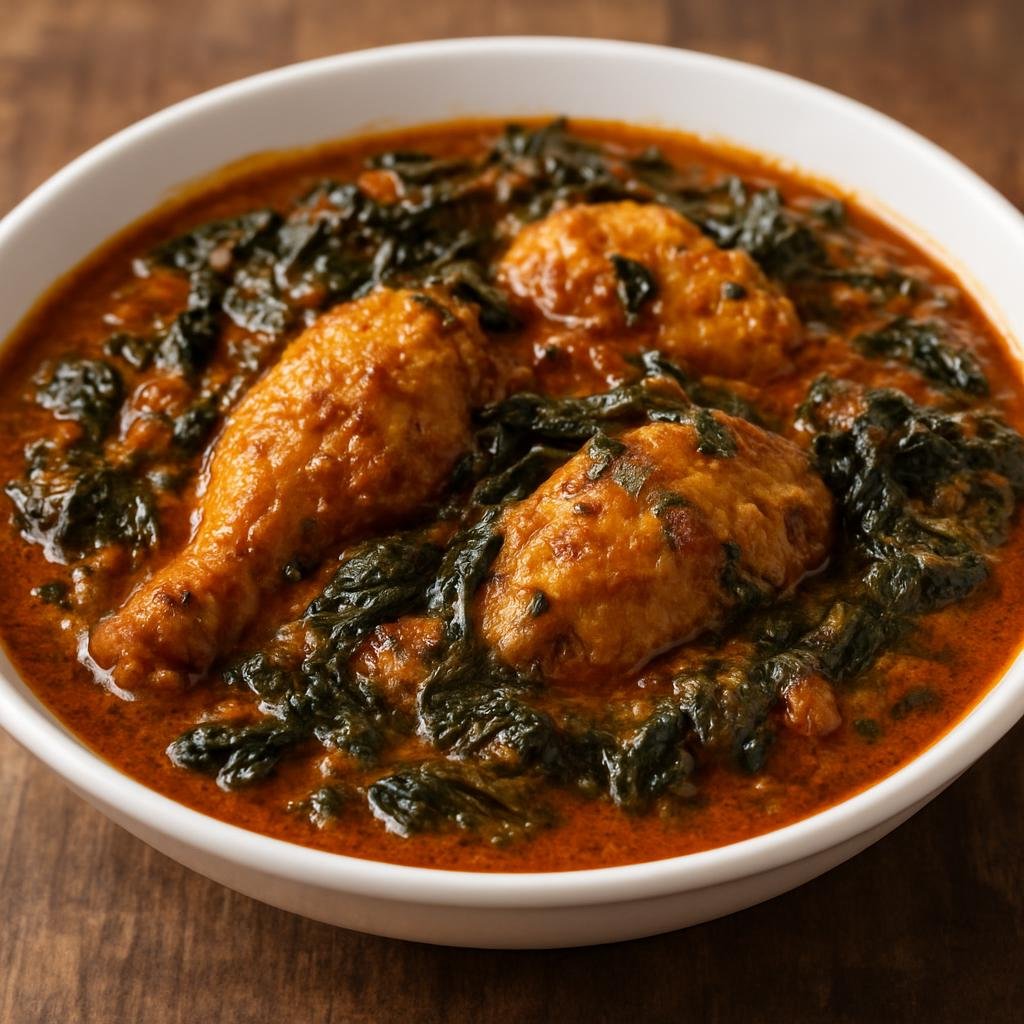 Entree: Cote d'Ivoire – National Cuisine – Sauce Graine (Hearty Ivorian palm-nut stew of palm fruit extract simmered with chicken or fish and leafy greens) recipe