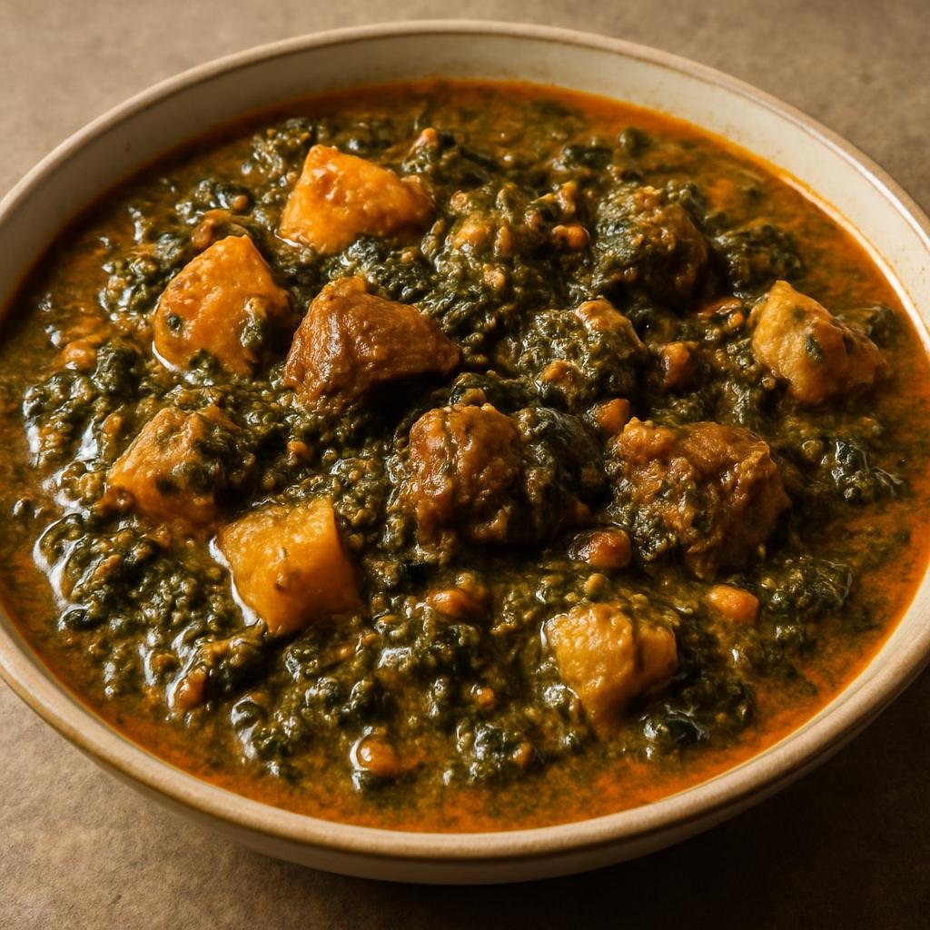 Entree: Democratic Republic of the Congo – National Cuisine – Fumbwa (Hearty Congolese stew of cassava or jute leaves cooked with meat, palm oil, and peanut for a thick, flavorful sauce) recipe