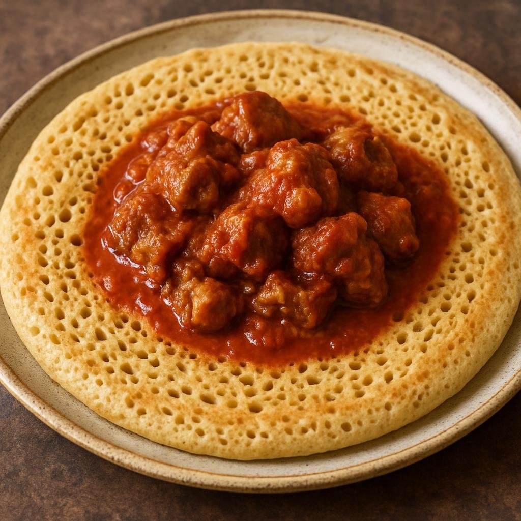 Entree: Djibouti – National Cuisine – لحوح مع مرق ➤ Lahoh ma'a maraq (Fermented spongy flatbread served with a savory meat and tomato stew) recipe