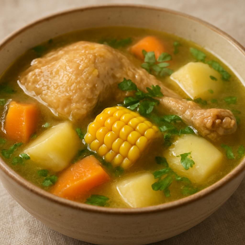 Entree: El Salvador – National Cuisine – Sopa de Gallina India (Hearty soup of slow-simmered free-range hen with root vegetables, corn, and cilantro) recipe