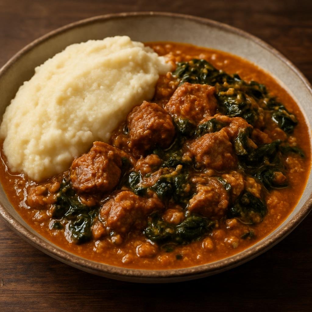 Entree: Eswatini – National Cuisine – Sitfubi (A hearty Swazi peanut stew with meat and leafy greens served with thick maize porridge) recipe