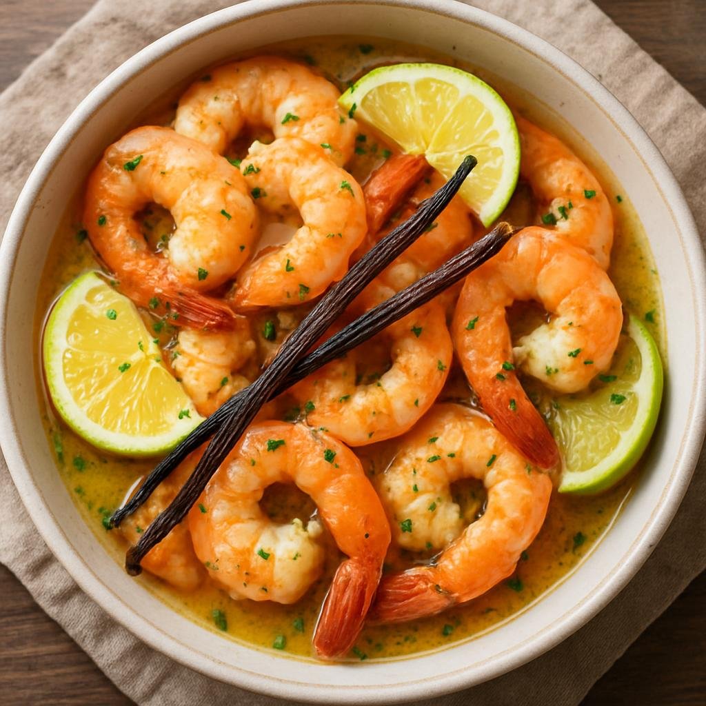 Entree: French Polynesia – National Cuisine – Chevrettes à la Vanille (Sautéed shrimp fragranced with Tahitian vanilla and citrus) recipe