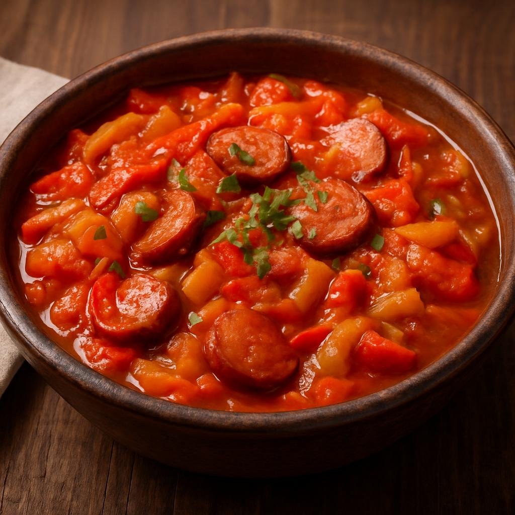 Entree: Hungary – Great Plain – Lecsó (Hungarian stew of peppers, tomatoes, onions, and paprika often cooked with smoked sausage) recipe
