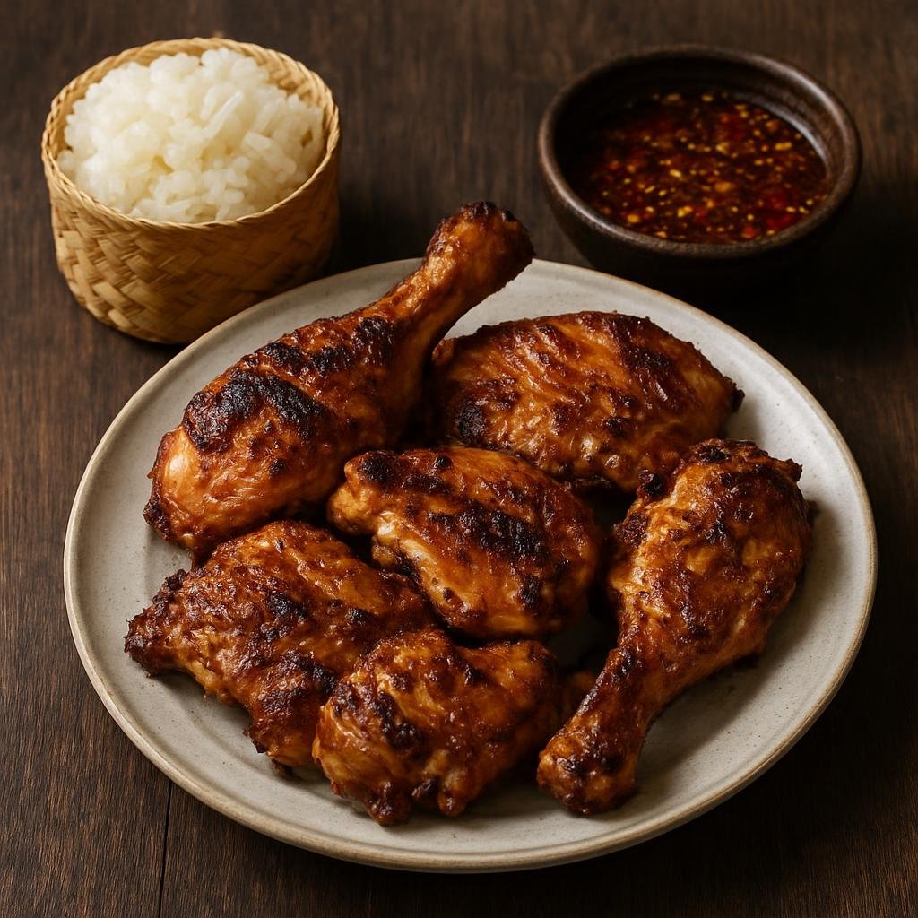 Entree: Laos – Luang Prabang / Northern Laos – ປິ້ງໄກ່ ➤ Ping Kai (Laotian charcoal-grilled marinated chicken commonly served with sticky rice and dipping sauce) recipe