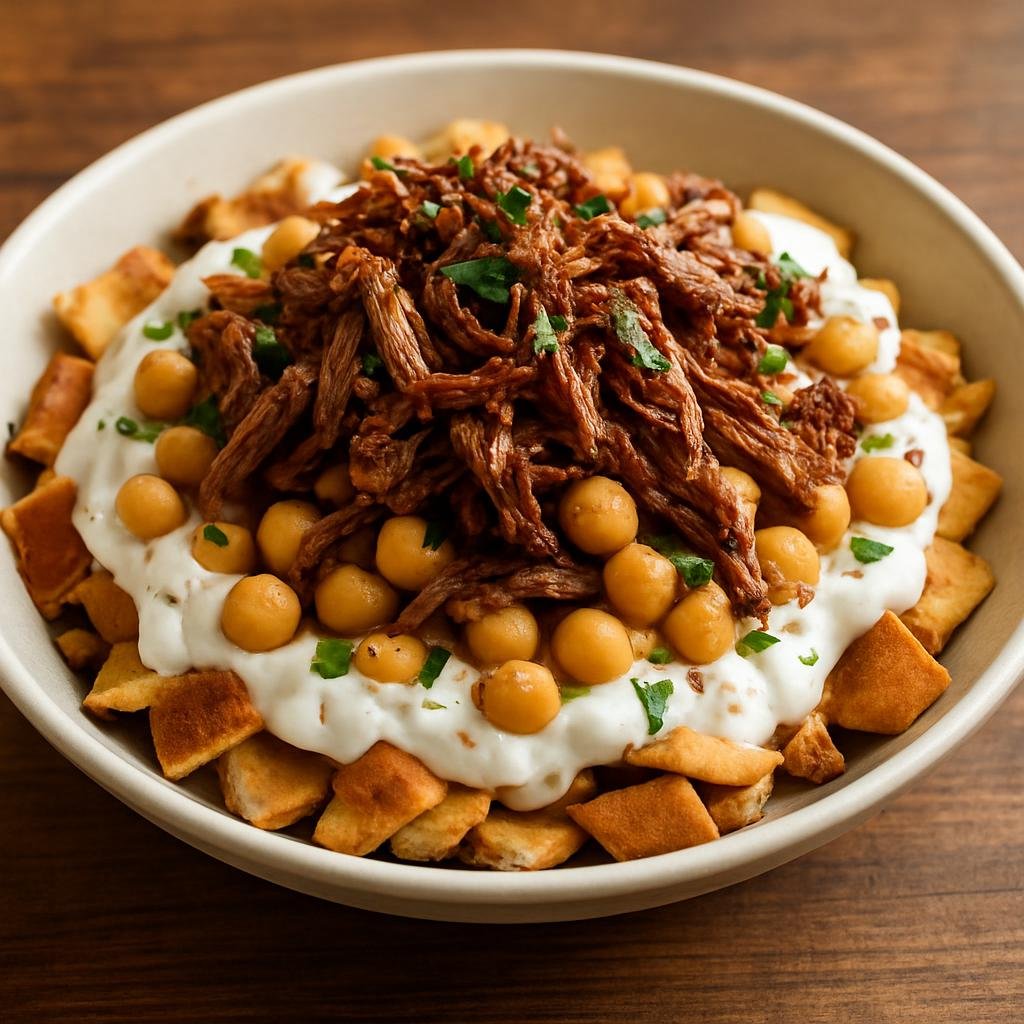 Entree: Lebanon – Bekaa Valley – فتّة ➤ fatteh (Layered toasted pita topped with yogurt, chickpeas, and spiced shredded lamb) recipe